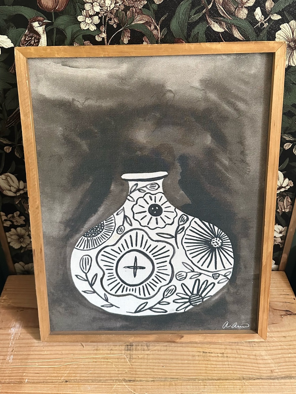 Signed Framed Modern Floral Vase Paper Print Portrait 14 x 18